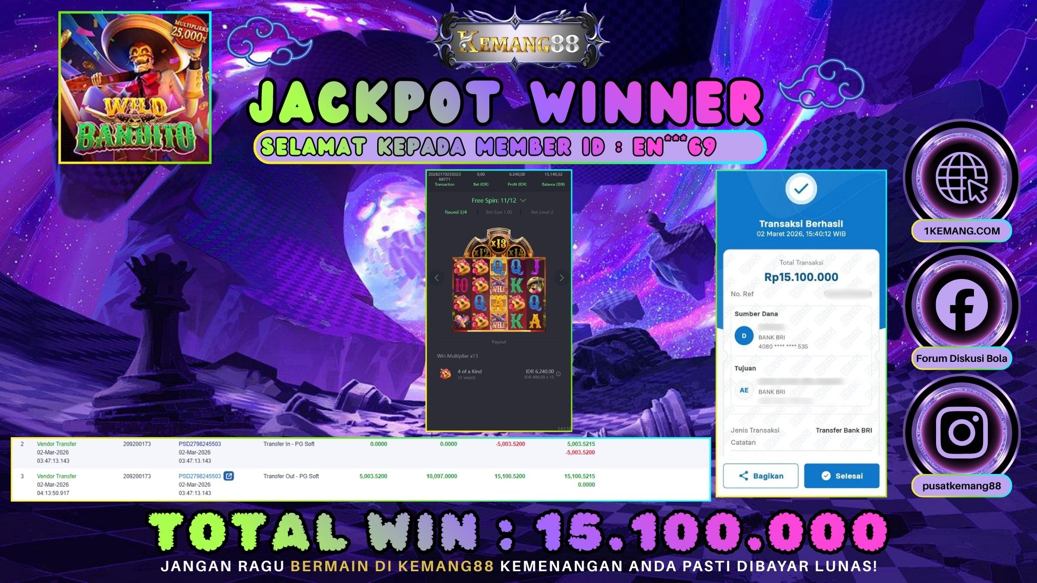 KEMANG88 [02 Maret 2026] : JACKPOT SLOT : WILD BANDITO [PG] Rp. 15.100.000.,- LUNAS